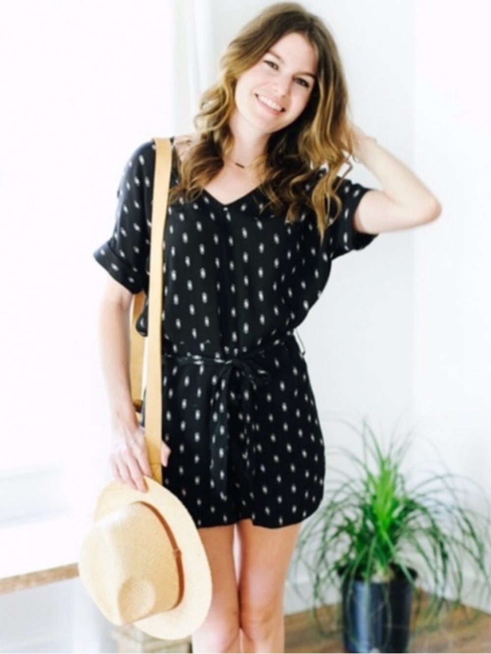 Madewell Black Diamond Printed Short-Sleeve Tie-Waist Romper